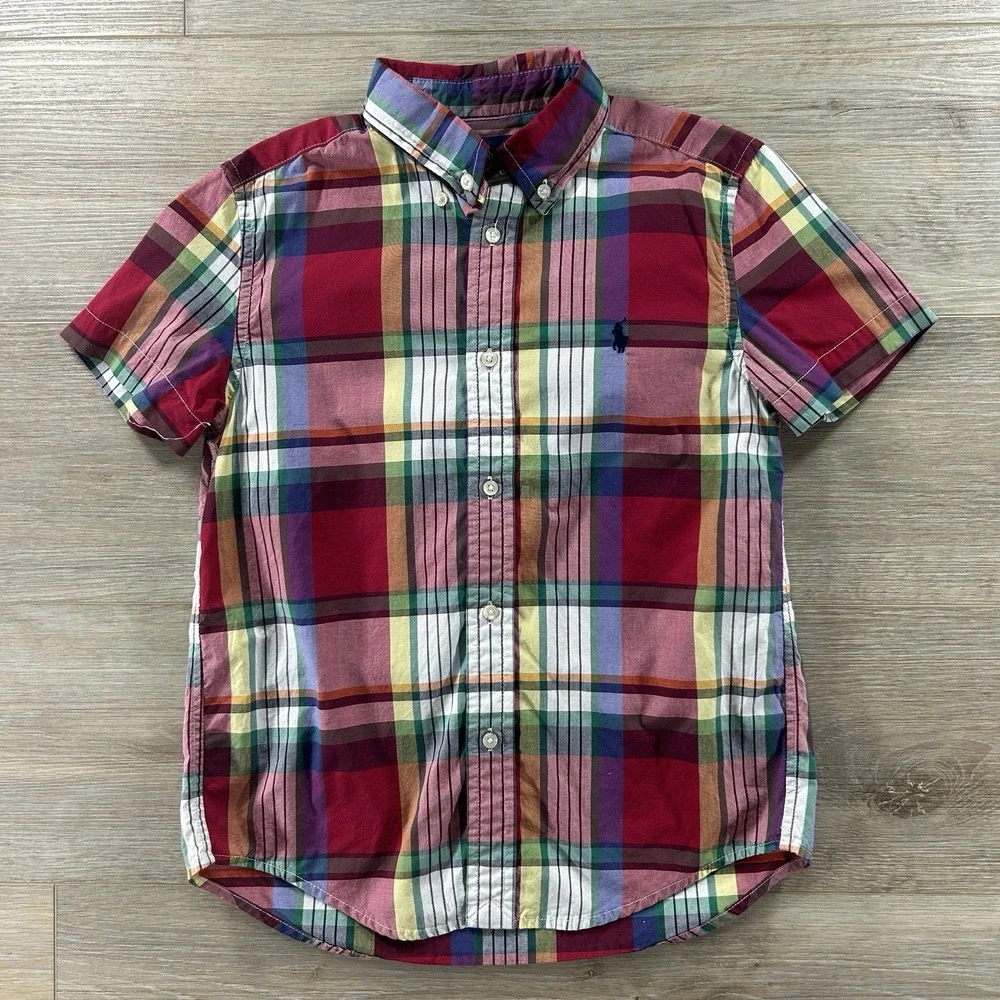 Ralph Lauren Polo Boys 7 Madras Plaid Short‎ Sleeve Button Shirt Natural Stretch